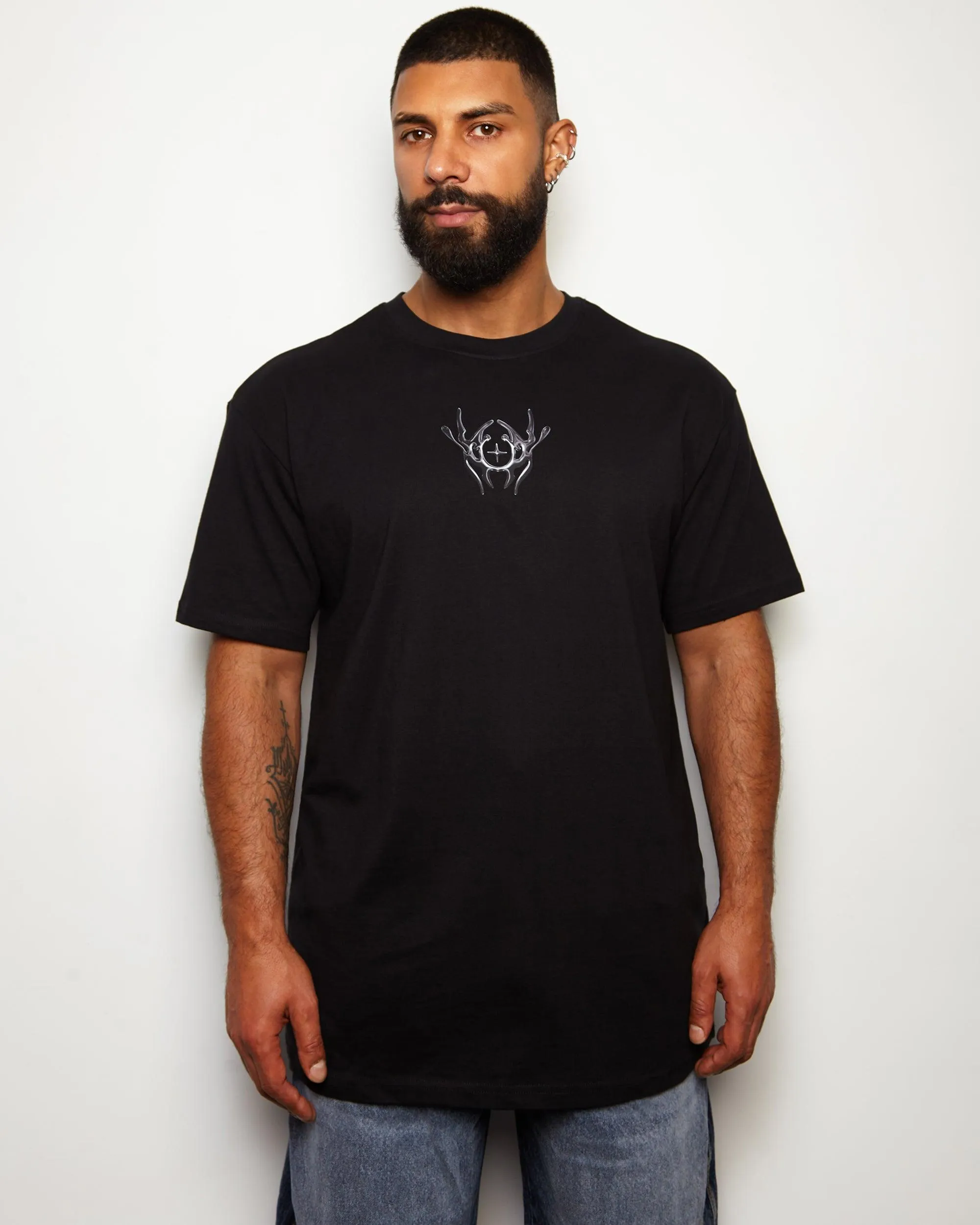 NXS001: Gunmetal style print on black heavy weight oversized tee.
