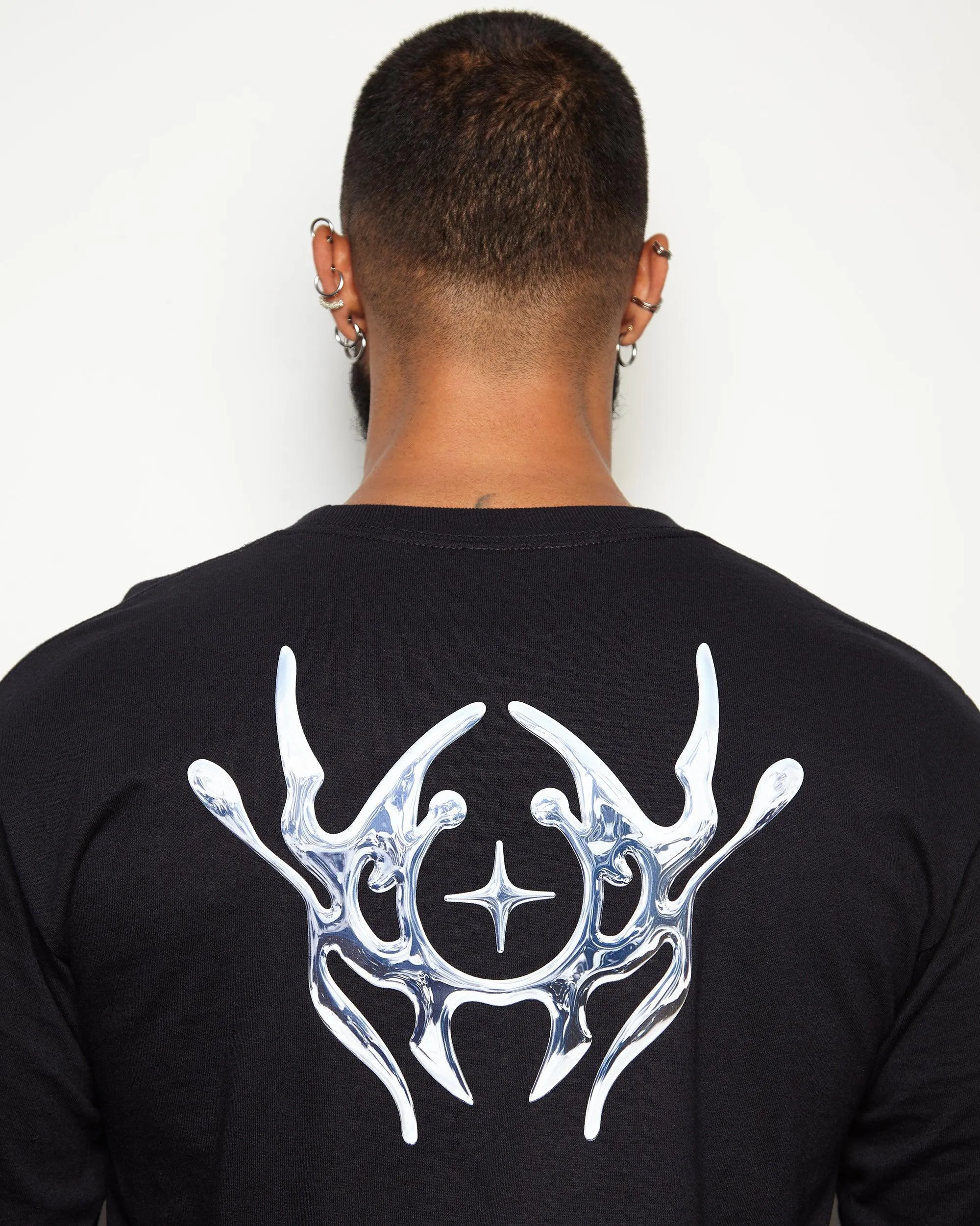 NXS004: Silver style print on black long sleeve tee
