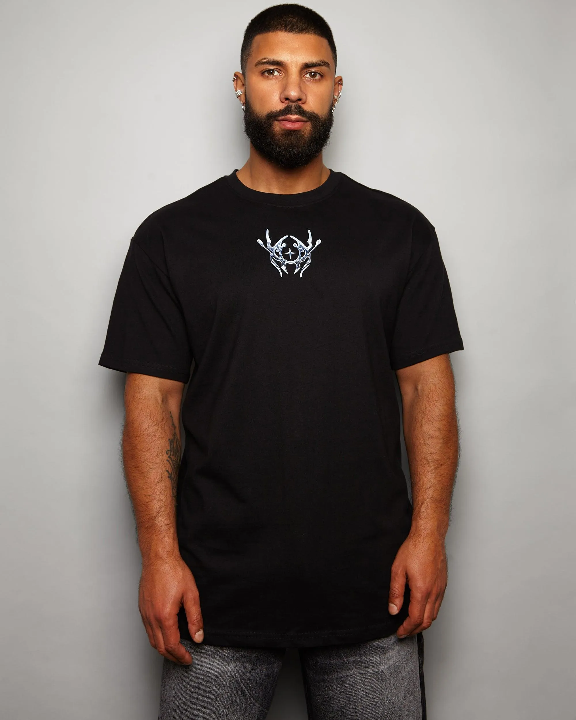 NXS008: Silver style print on black heavy weight oversized tee.