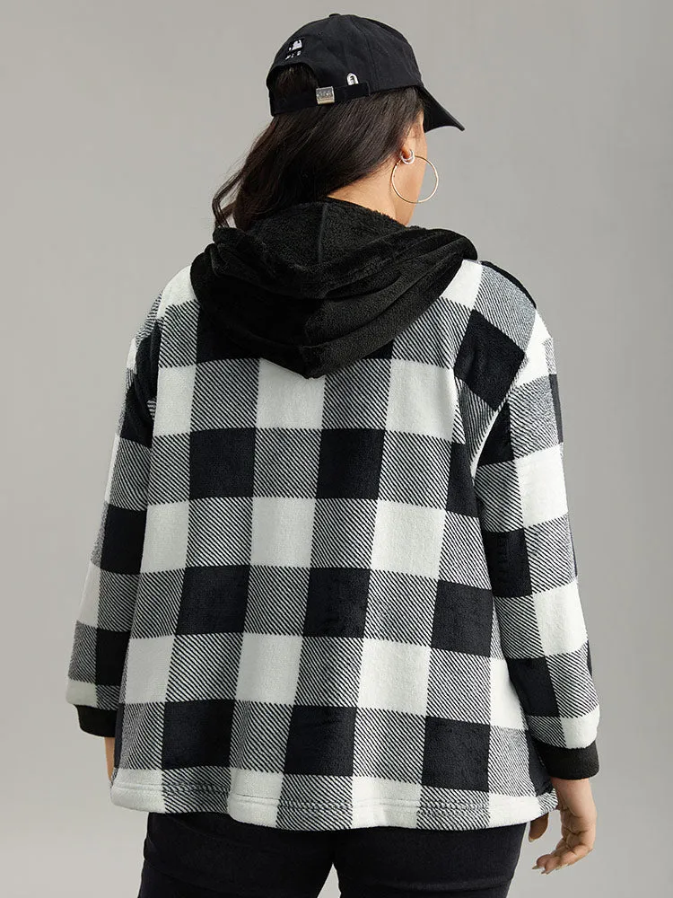 Plaid Button Through Patchwork Hooded Jacket