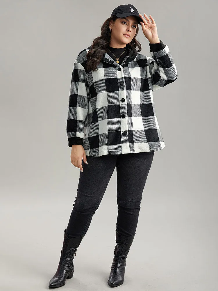 Plaid Button Through Patchwork Hooded Jacket