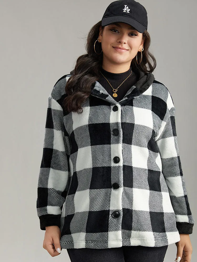 Plaid Button Through Patchwork Hooded Jacket