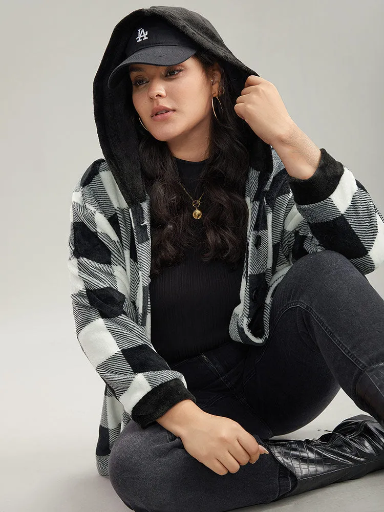 Plaid Button Through Patchwork Hooded Jacket