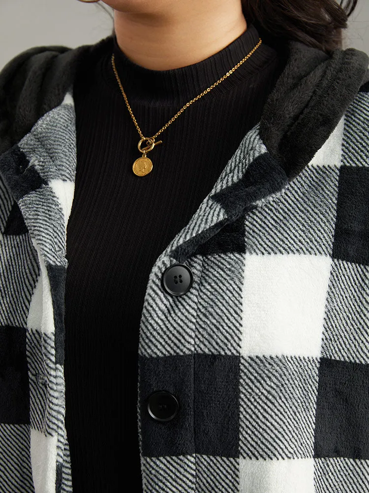 Plaid Button Through Patchwork Hooded Jacket