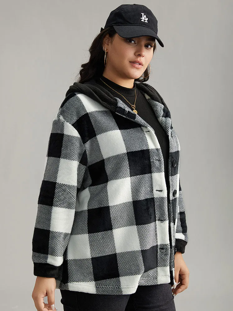 Plaid Button Through Patchwork Hooded Jacket