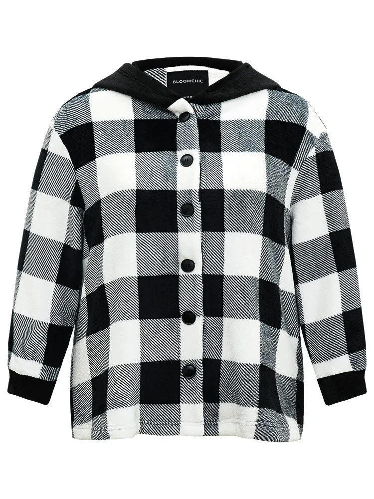 Plaid Button Through Patchwork Hooded Jacket