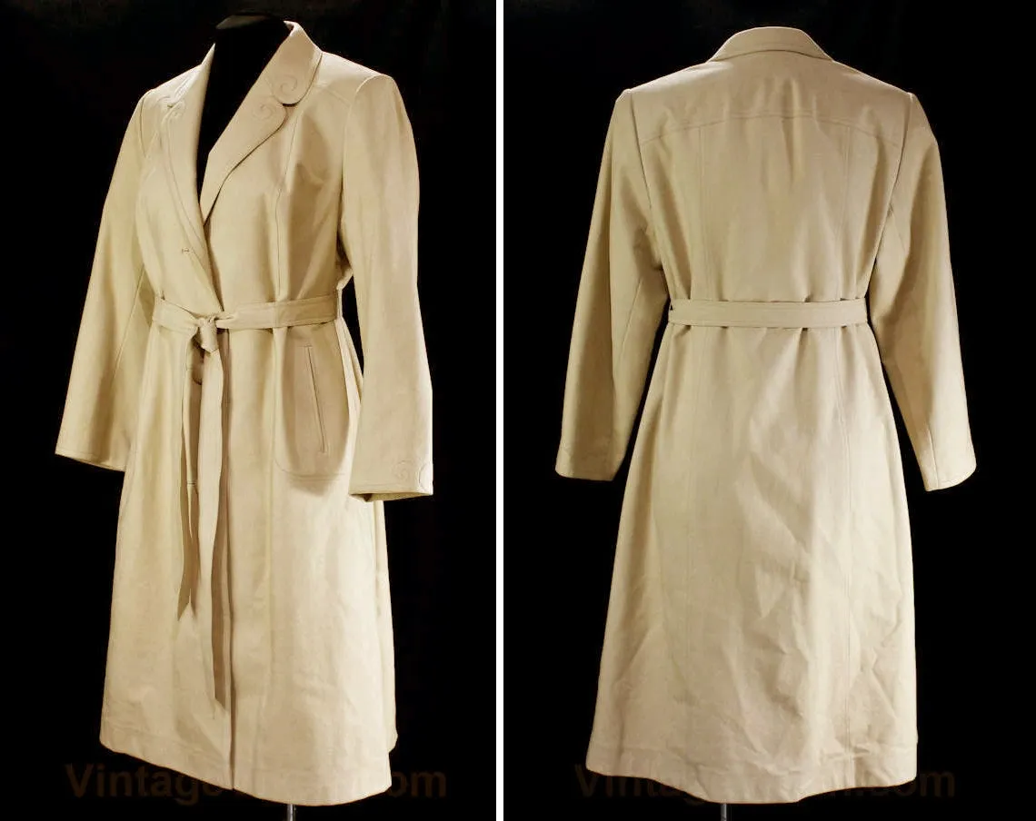 Size 14 Beige Coat - Faux Suede Spring Tailored - Classic 1960s 1970s Large Overcoat & Belt - Scrollwork Details - Hong Kong Label - Bust 40