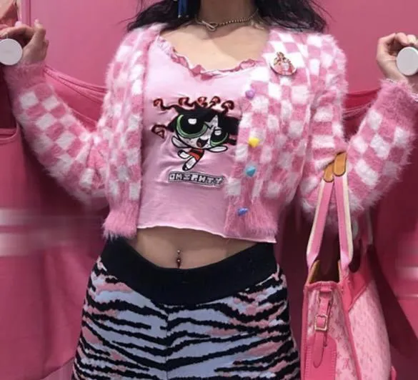 women sweater kawaii chessboard mink velvet short crop top knitted cardigan st01