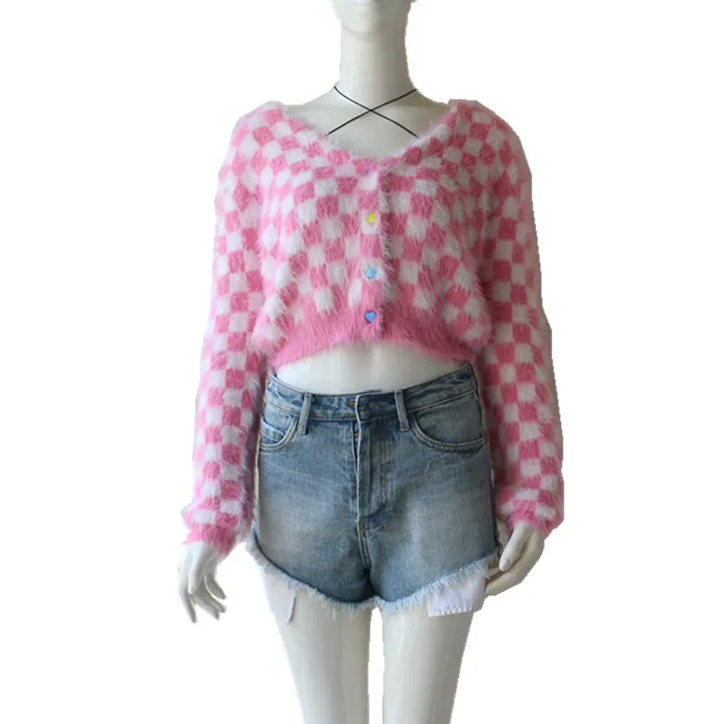 women sweater kawaii chessboard mink velvet short crop top knitted cardigan st01