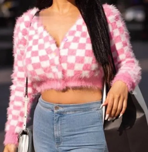 women sweater kawaii chessboard mink velvet short crop top knitted cardigan st01