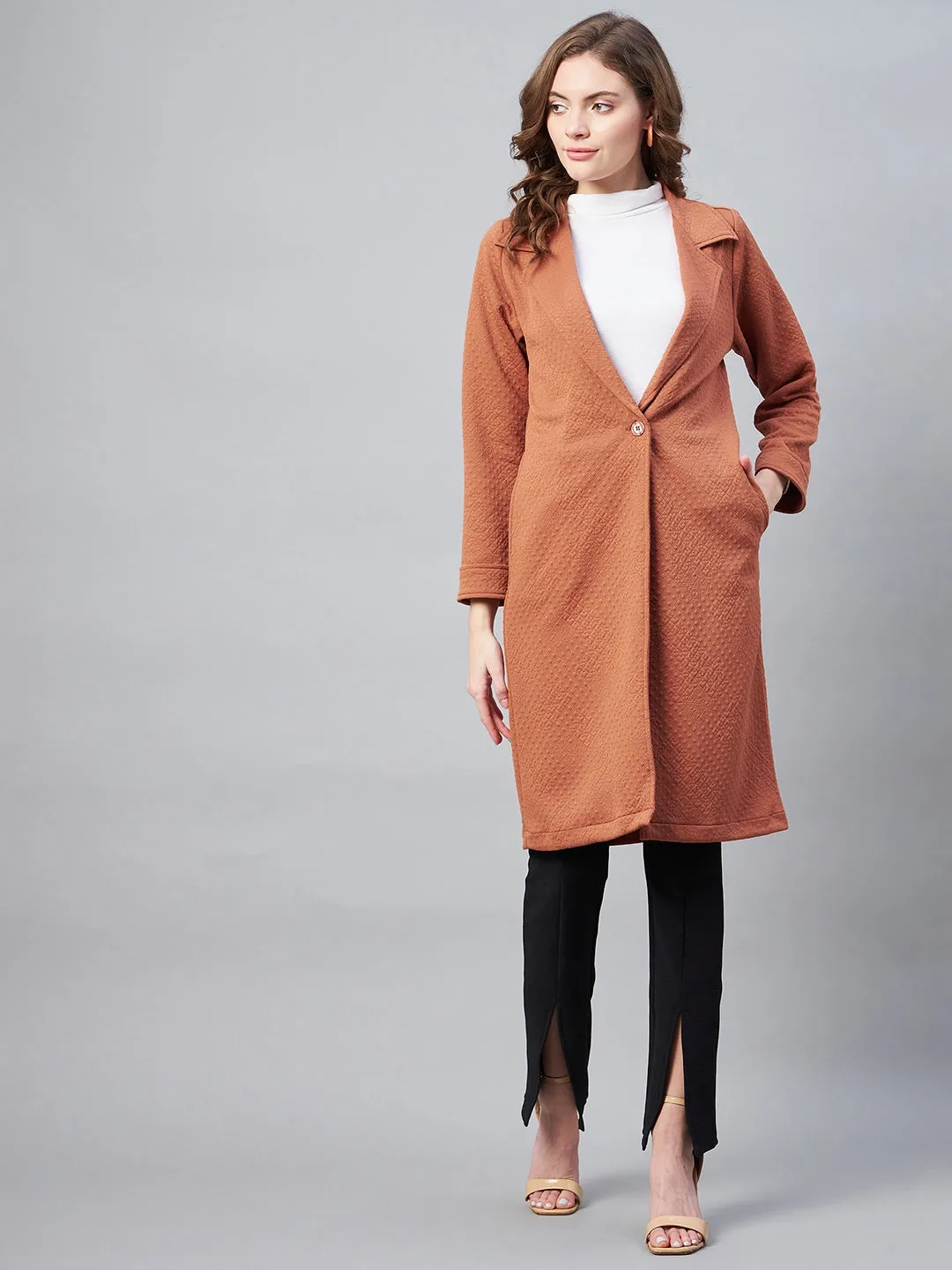 Women's Rust Polyester Jacquard Self Design Overcoat - StyleStone