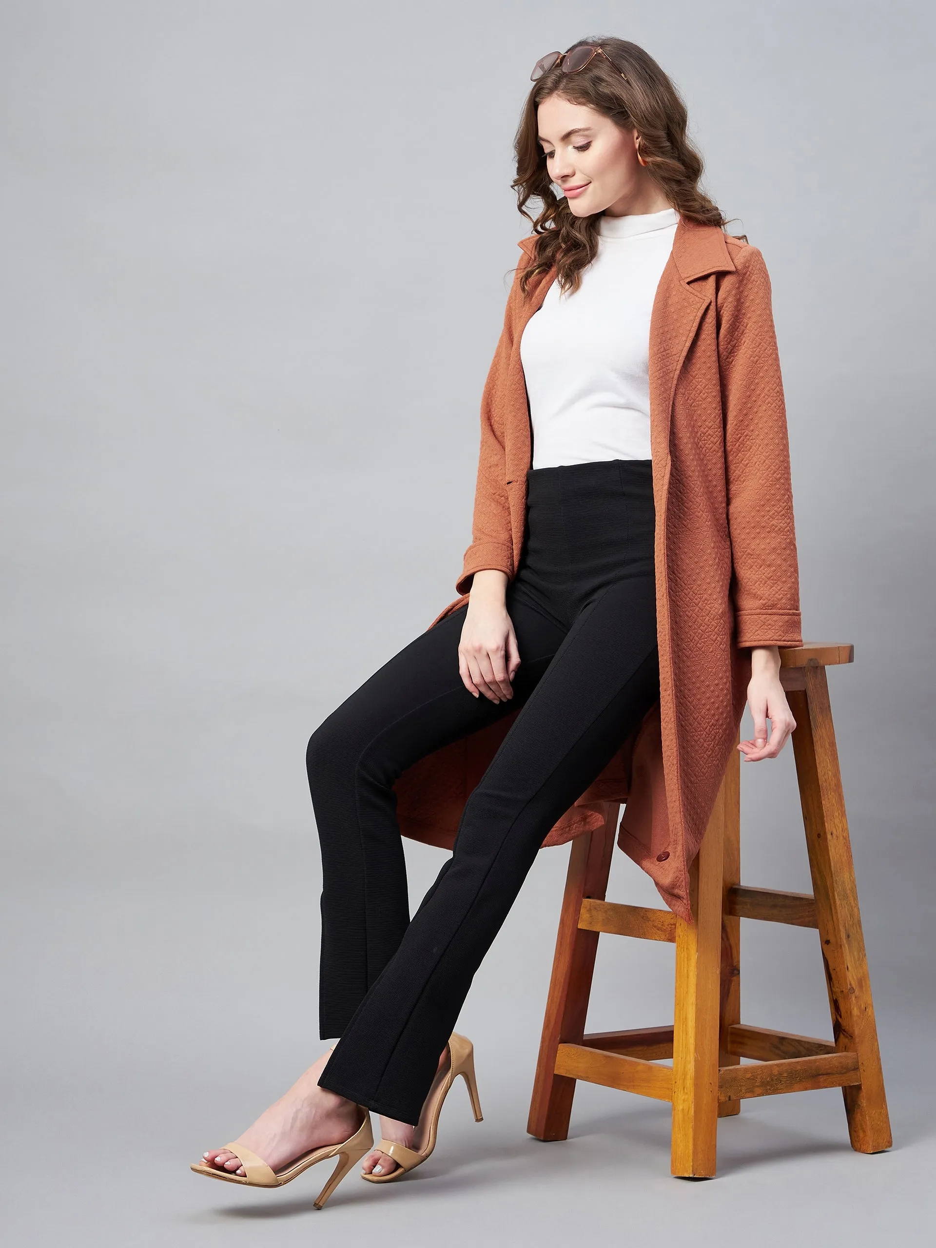 Women's Rust Polyester Jacquard Self Design Overcoat - StyleStone