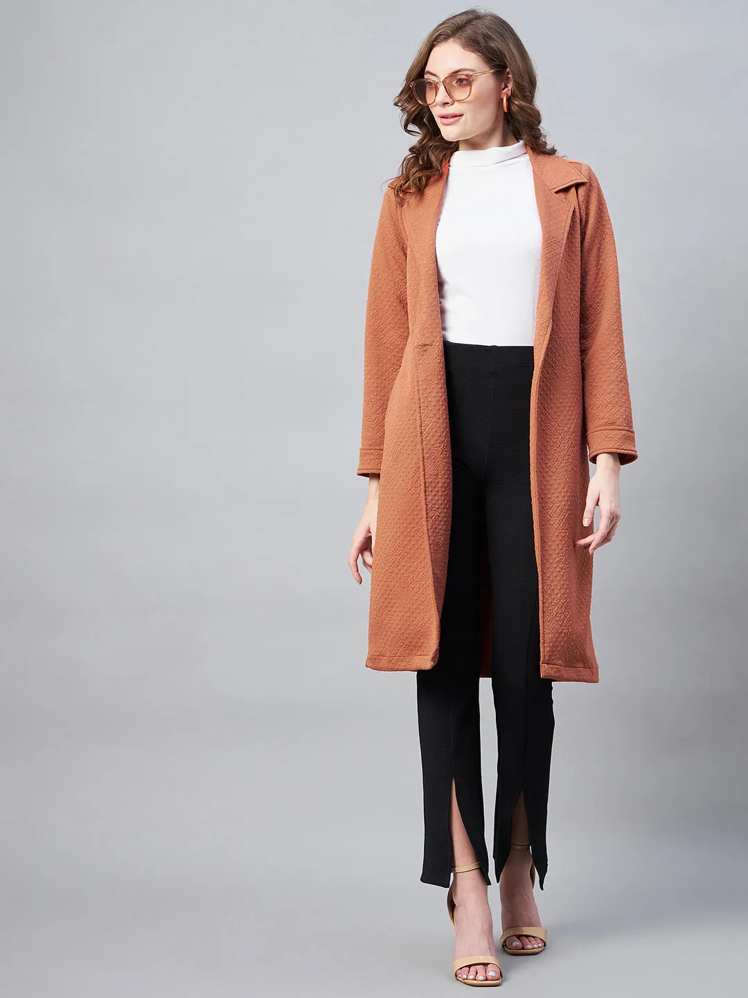 Women's Rust Polyester Jacquard Self Design Overcoat - StyleStone