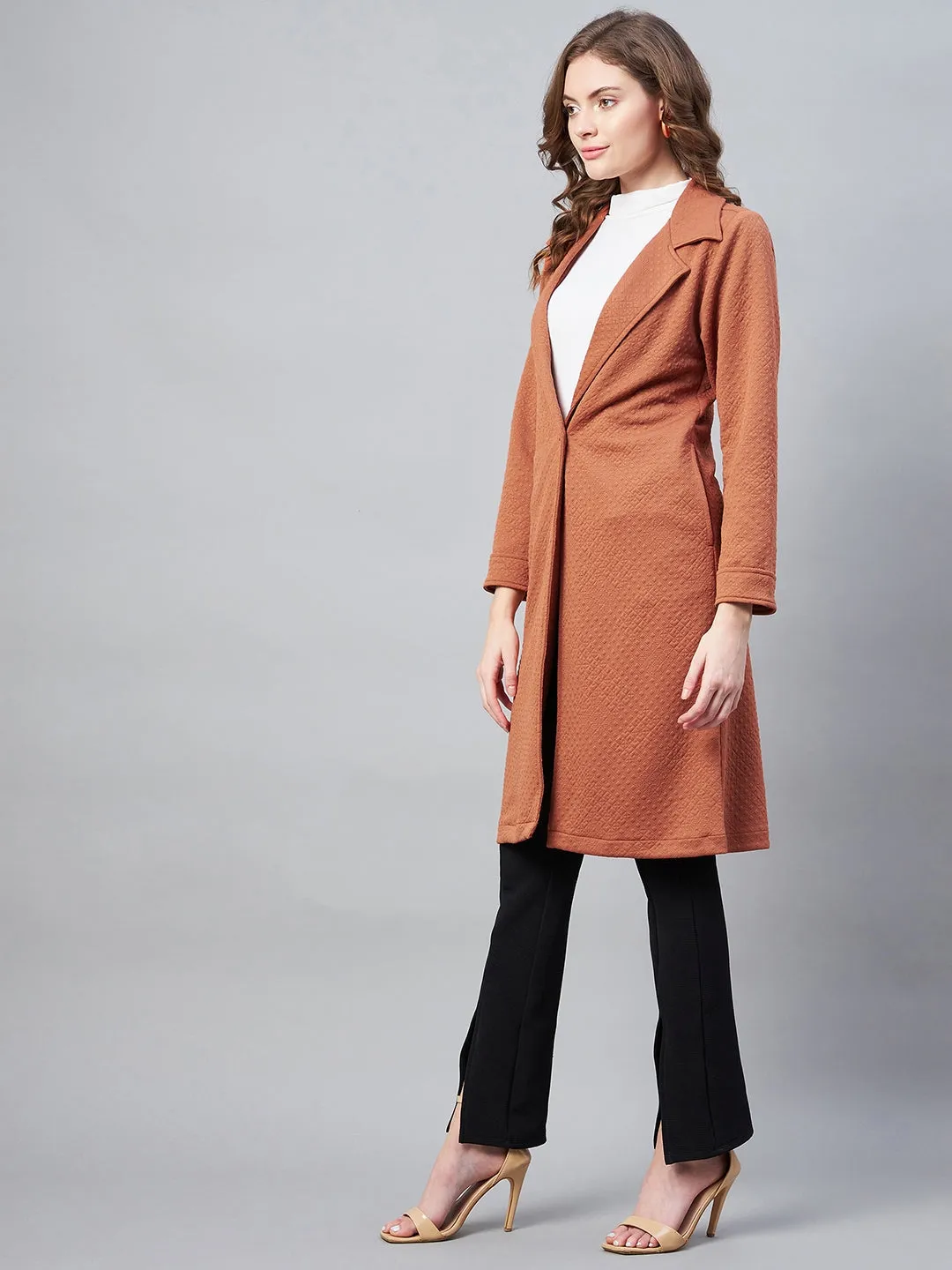 Women's Rust Polyester Jacquard Self Design Overcoat - StyleStone