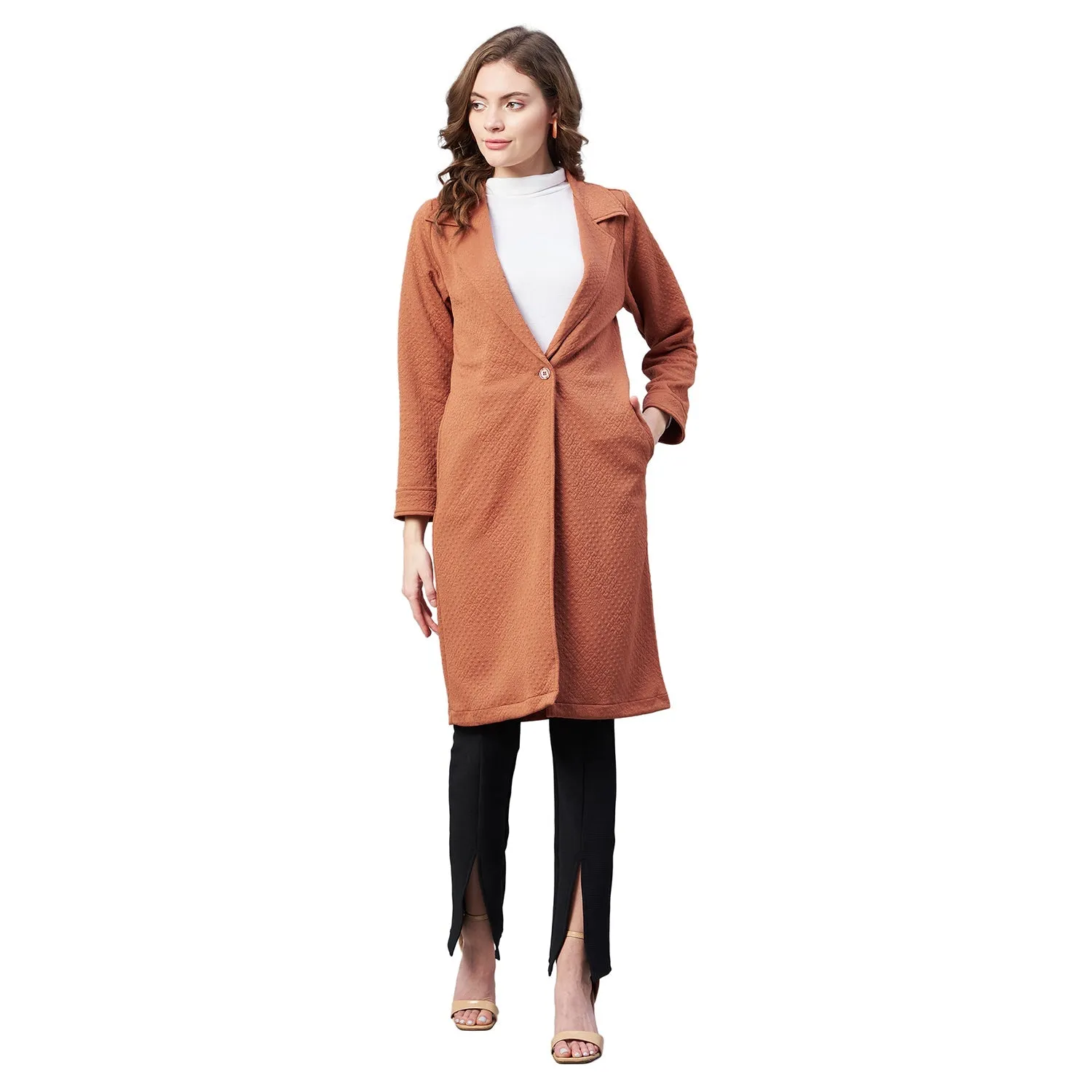 Women's Rust Polyester Jacquard Self Design Overcoat - StyleStone
