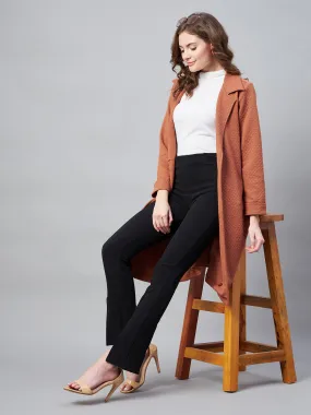 Women's Rust Polyester Jacquard Self Design Overcoat - StyleStone