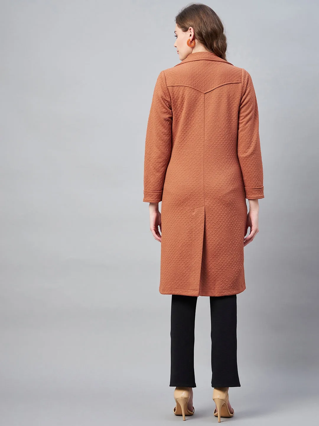 Women's Rust Polyester Jacquard Self Design Overcoat - StyleStone