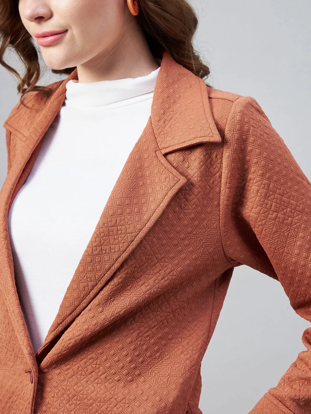 Women's Rust Polyester Jacquard Self Design Overcoat - StyleStone